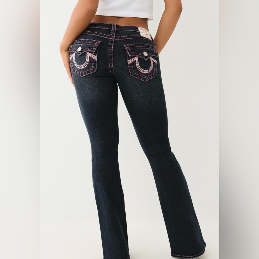 True Religion pink stitch low rise flare jeans